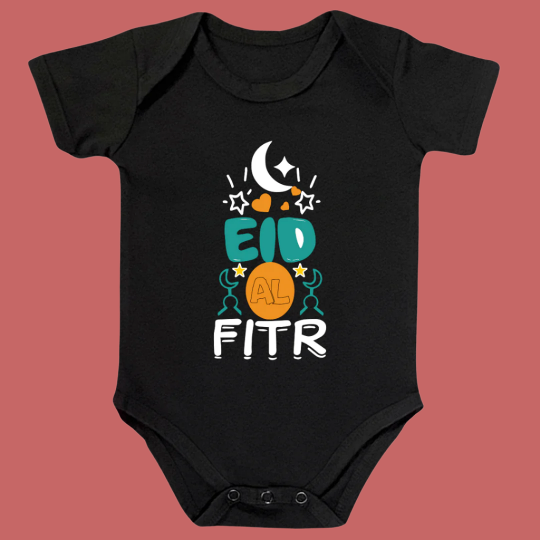 Eid Al Fitr Baby Bodysuit, Black Cotton Romper with Festive Design, Islamic Holiday Outfit, Eid Mubarrak